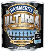 Hammerite Ultima metalmaling, sort RAL 9005, glat finish. Beskytter alle metaller, 12 års beskyttelse, hurtigtørrende, ingen primer nødvendig, farvelås-teknologi. 750 ml dåse.
