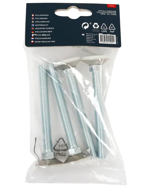 Pakke med fire justeringsskruer til møbler, 10 mm diameter, 50 mm længde, sekskantede hoveder. Sølvfarvede skruer i klar plastpose med mærkat.