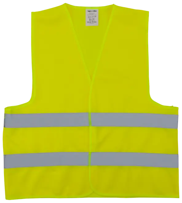 Gul varselväst med två horisontella silverreflexer, ärmlös och öppen framtill. Tillverkad i lätt material, passar bygg, cykling eller nödsituationer. En storlek passar de flesta.
