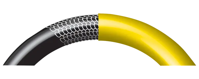Tværsnit af cykeldæk med sort slidbane, tekstureret punkteringsbeskyttelse og gul indvendig foring, der viser dækkets flerlagskonstruktion for holdbarhed og beskyttelse.