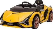 Gul Lamborghini Sian elbil til børn med realistiske detaljer, sort interiør, gyldne hjul, fungerende forlygter og åbent design. Velegnet til børn, stilfuldt og sporty look.