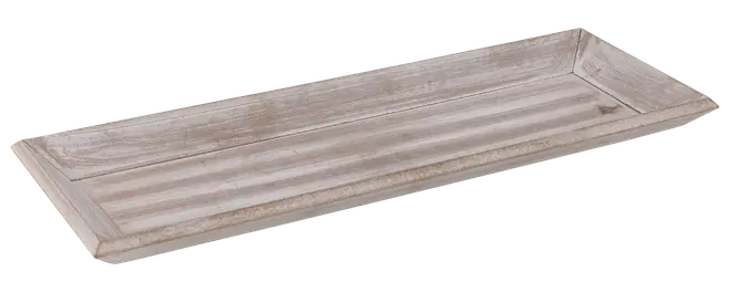 Rektangulär träbricka med sliten, ljusbrun finish. Har upphöjda kanter och platt botten, perfekt för servering eller dekoration. Enkel, rustik design passar alla miljöer.