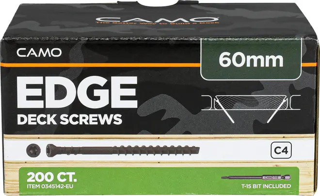 CAMO Edge Deck Screws æske, 60 mm sorte skruer, 200 stk., T15-bit medfølger.