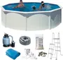 Rund fritstående pool med hvid ramme, inklusiv sandfilterpumpe, stige, slange, poolovertræk, skimmer, fittings og filtersand. Perfekt til familiebrug udendørs.