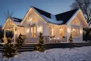 Vitt trähus med snötäckt tak, varma lysande fönster och utomhusjulbelysning. Framsida med sittplatser, dekorerade träd och mysig vinterkänsla.