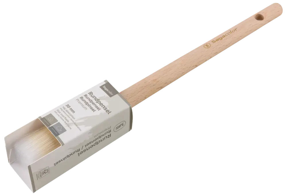 Rund pensel med naturbørster, træhåndtag og ophængshul. Penslen er 30 mm bred og har mærket emballage omkring børsterne.