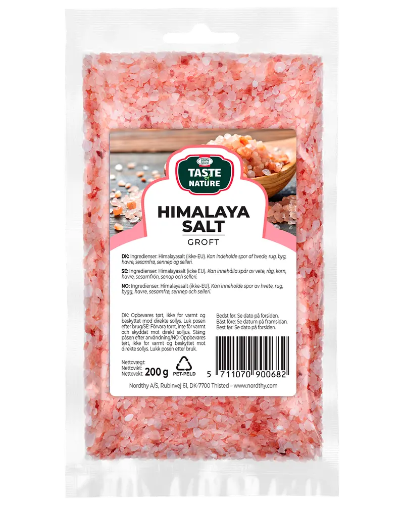 200g påse med grovt rosa Himalayasalt, förpackad i genomskinlig återförslutningsbar påse. Passar till matlagning och kryddning, Taste Nature-etikett, produktinformation och streckkod på framsidan.