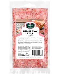 200g påse med grovt rosa Himalayasalt, förpackad i genomskinlig återförslutningsbar påse. Passar till matlagning och kryddning, Taste Nature-etikett, produktinformation och streckkod på framsidan.