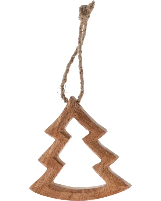 Juletræsformet ornament i træ med udskåret midte og rustik snor til ophængning. Naturlig træfinish, enkel stil, ideel til julepynt eller gaveindpakning.