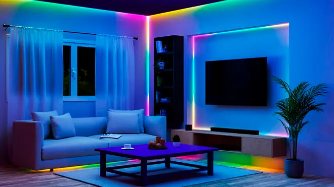 LED-striplys oplyser en moderne stue, fremhæver loft, TV-område og møbler med levende farver. Skaber stemning og dekoration, ideel til hjemmeunderholdning.