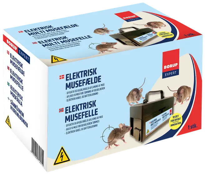 Æske med elektrisk musefælde, sort rektangulær enhed med håndtag, blå og gul mærkat, effektiv og human aflivning af mus. Inkluderer kabel og batterimulighed. 1 stk.