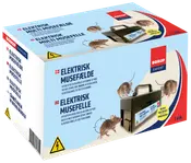 Förpackning med elektrisk musfälla, svart rektangulär enhet med handtag, blå och gul etikett, effektiv och human avlivning av möss. Kabel och batteri ingår. 1 st.