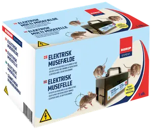 Æske med elektrisk musefælde, sort rektangulær enhed med håndtag, blå og gul mærkat, effektiv og human aflivning af mus. Inkluderer kabel og batterimulighed. 1 stk.