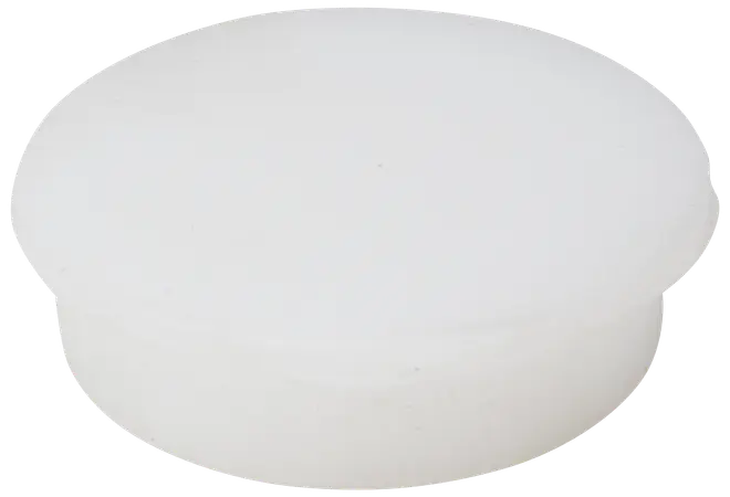 Runt vitt plastlock, utformat för att sitta tätt på behållare. Slät yta, lätt upphöjd kant för grepp. Hållbart och återanvändbart, passar för förvaring.
