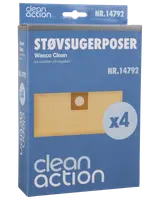 Pakke med 4 Clean Action støvsugerposer til Wasco Clean modeller. Rektangulære papirposer med rund papmontering, leveres i blå æske. Modelnummer 14792.