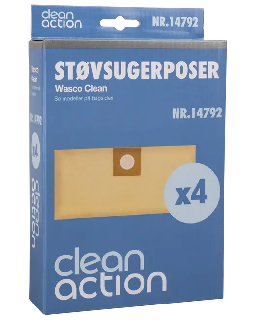 Pakke med 4 Clean Action støvsugerposer til Wasco Clean modeller. Rektangulære papirposer med rund papmontering, leveres i blå æske. Modelnummer 14792.