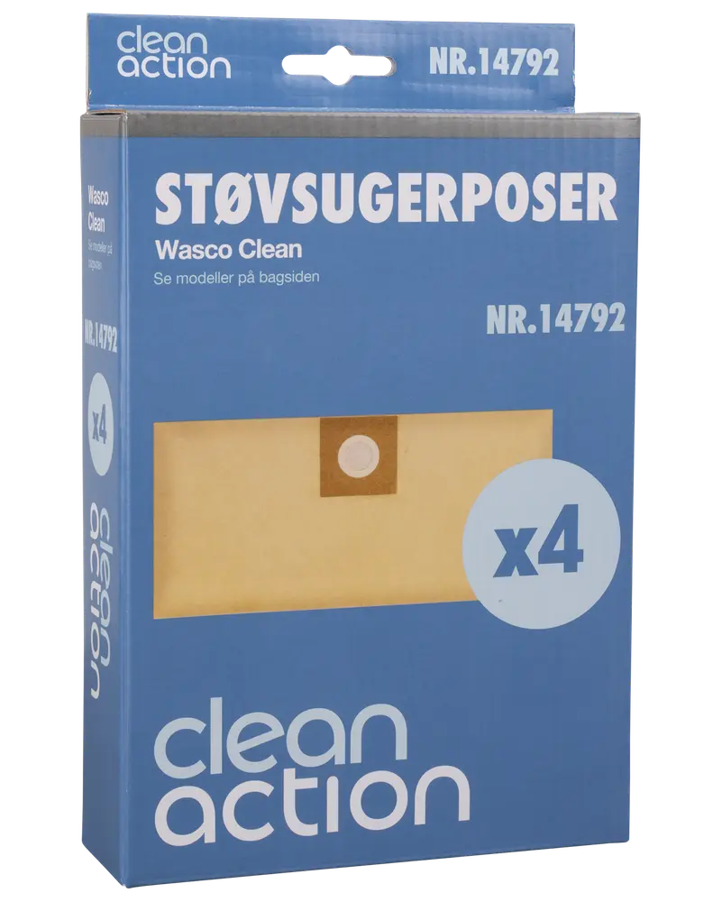 Pakke med 4 Clean Action støvsugerposer til Wasco Clean modeller. Rektangulære papirposer med rund papmontering, leveres i blå æske. Modelnummer 14792.