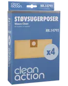 Pakke med 4 Clean Action støvsugerposer til Wasco Clean modeller. Rektangulære papirposer med rund papmontering, leveres i blå æske. Modelnummer 14792.