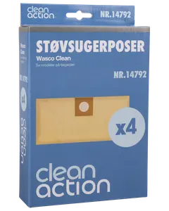 Förpackning med 4 Clean Action dammsugarpåsar för Wasco Clean-modeller. Rektangulära papperspåsar med rund kartonganslutning, i blå ask. Modellnummer 14792.