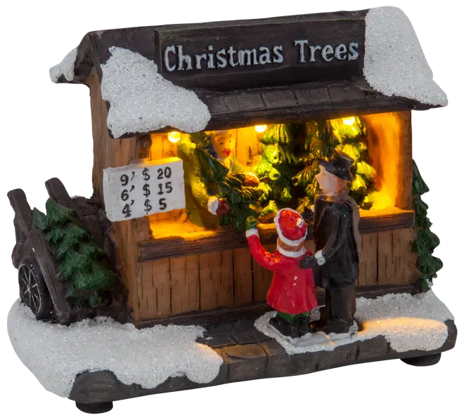 Miniatyr julgransstånd med snö, belyst insida, prisskylt och två figurer (vuxen och barn) som handlar. Detaljerad och festlig dekoration.