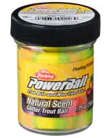 Glas med Berkley PowerBait Glitter Trout Bait, 1,75 oz, naturlig duft, flydende formel, flerfarvet gul og grøn agn, designet til at tiltrække fisk og øge fangst.