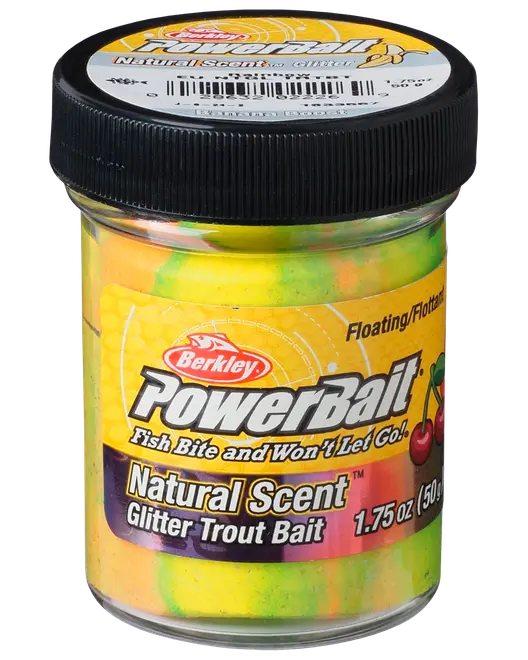Burk med Berkley PowerBait Glitter Trout Bait, 1,75 oz, naturlig doft, flytande formula, flerfärgat gult och grönt bete, utformat för att locka fisk och öka fångsten.