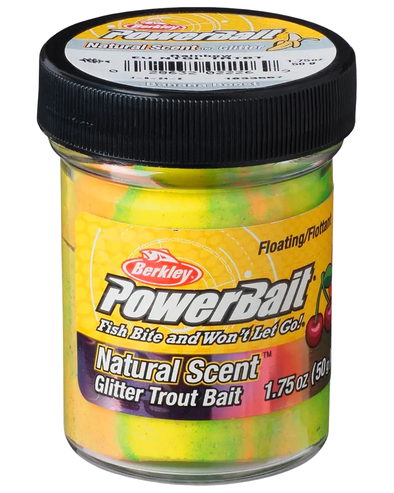 Glas med Berkley PowerBait Glitter Trout Bait, 1,75 oz, naturlig duft, flydende formel, flerfarvet gul og grøn agn, designet til at tiltrække fisk og øge fangst.
