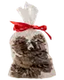 Påse med dekorativa kottar med guldglitter, förpackade i klar plast och knuten med rött satinband. Perfekt för juldekoration eller present. Innehåller flera kottar.