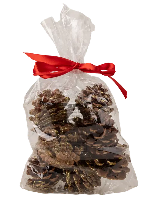 Påse med dekorativa kottar med guldglitter, förpackade i klar plast och knuten med rött satinband. Perfekt för juldekoration eller present. Innehåller flera kottar.