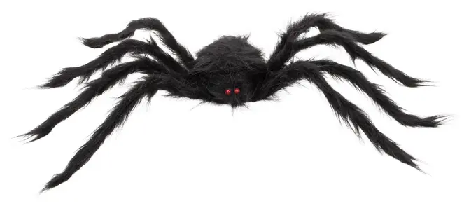 Stor svart spindeldekoration med päls, åtta böjbara ben och två små röda ögon. Perfekt för Halloween eller fest, lätt och realistisk design.