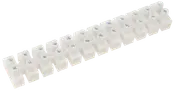 Vit plast kopplingslist med flera skruvterminaler för elektriska ledningar. Varje sektion har två skruvar och kan kapas efter behov.