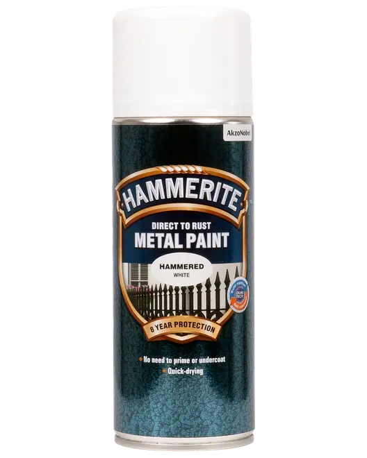Hammerite Direct to Rust Metal Paint spraydåse, hamret hvid finish, 8 års beskyttelse, ingen grunding nødvendig, hurtigtørrende, velegnet til metaloverflader.