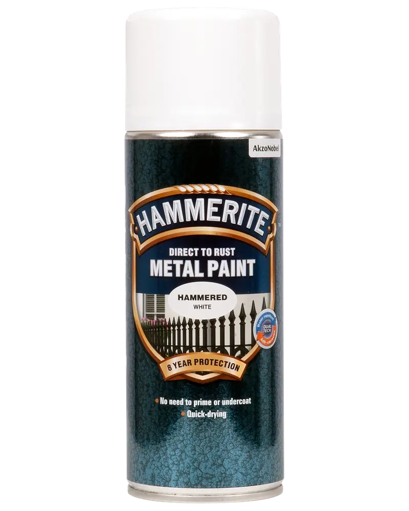 Hammerite Direct to Rust Metal Paint spraydåse, hamret hvid finish, 8 års beskyttelse, ingen grunding nødvendig, hurtigtørrende, velegnet til metaloverflader.