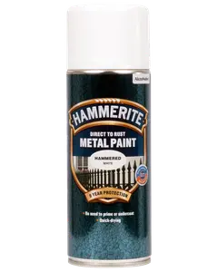 Hammerite Direct to Rust Metal Paint spraydåse, hamret hvid finish, 8 års beskyttelse, ingen grunding nødvendig, hurtigtørrende, velegnet til metaloverflader.