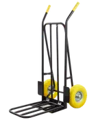 Robust sækkevogn med sort stålrør, bredt læsseområde og store gule hjul. Ergonomiske gule håndtag giver godt greb, ideel til transport af tunge kasser og udstyr.