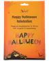 Halloween folieballonsæt, orange emballage med teksten "Happy Halloween", inkluderer 40 cm høje bogstavballoner og sugerør til oppustning. Med græskar og flagermus illustrationer.