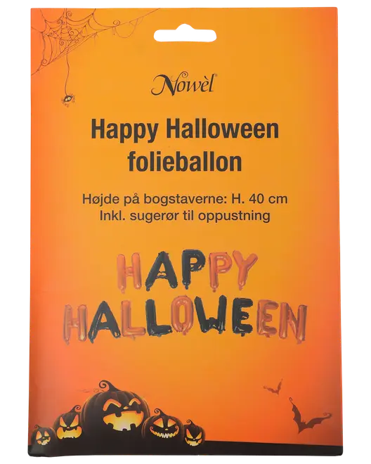 Halloween folieballonsæt, orange emballage med teksten "Happy Halloween", inkluderer 40 cm høje bogstavballoner og sugerør til oppustning. Med græskar og flagermus illustrationer.