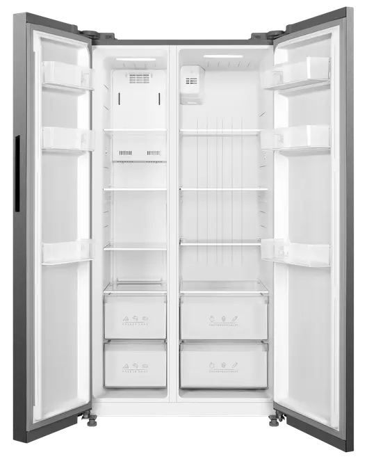 Side-by-side køleskab med dobbeltdøre, justerbare hylder, gennemsigtige skuffer til grøntsager og fryser samt dørhylder. Rummeligt, moderne og energieffektivt design.