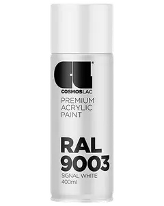 Cosmoslac premium akryl spraymaling, RAL 9003 Signal White, 400 ml dåse. Slankt cylindrisk design med sort og sølv mærkning, egnet til forskellige overflader og professionel brug.