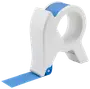 Håndholdt tapedispenser med ergonomisk hvid plastkrop, fyldt med blå malertape. Har indbygget skærekant for nem påføring og præcis afskæring. Ideel til malerprojekter.