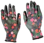 Ett par trädgårdshandskar med färgglatt blommönster och svarta gummibelagda handflator och fingertoppar. Lätta, flexibla och perfekta för trädgårdsarbete utomhus.