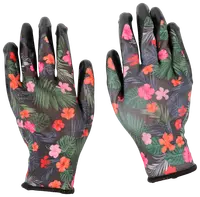Ett par trädgårdshandskar med färgglatt blommönster och svarta gummibelagda handflator och fingertoppar. Lätta, flexibla och perfekta för trädgårdsarbete utomhus.