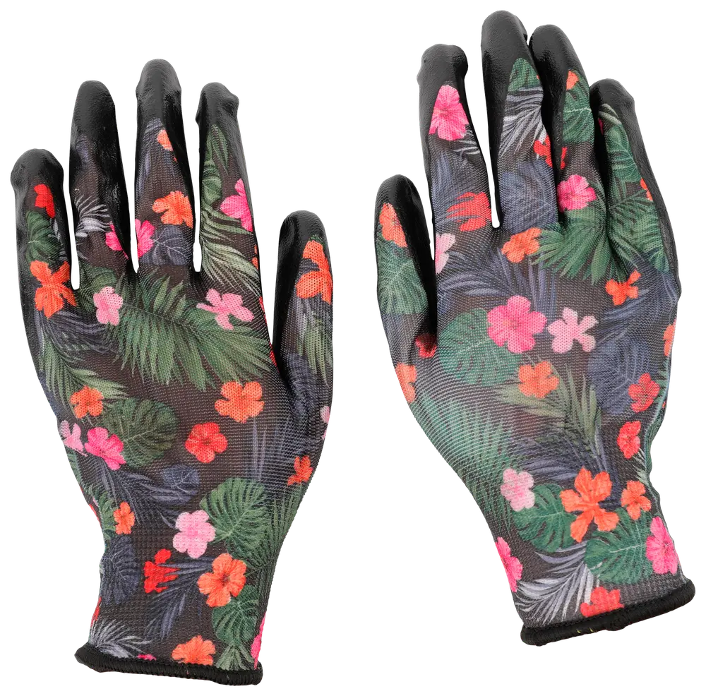 Ett par trädgårdshandskar med färgglatt blommönster och svarta gummibelagda handflator och fingertoppar. Lätta, flexibla och perfekta för trädgårdsarbete utomhus.