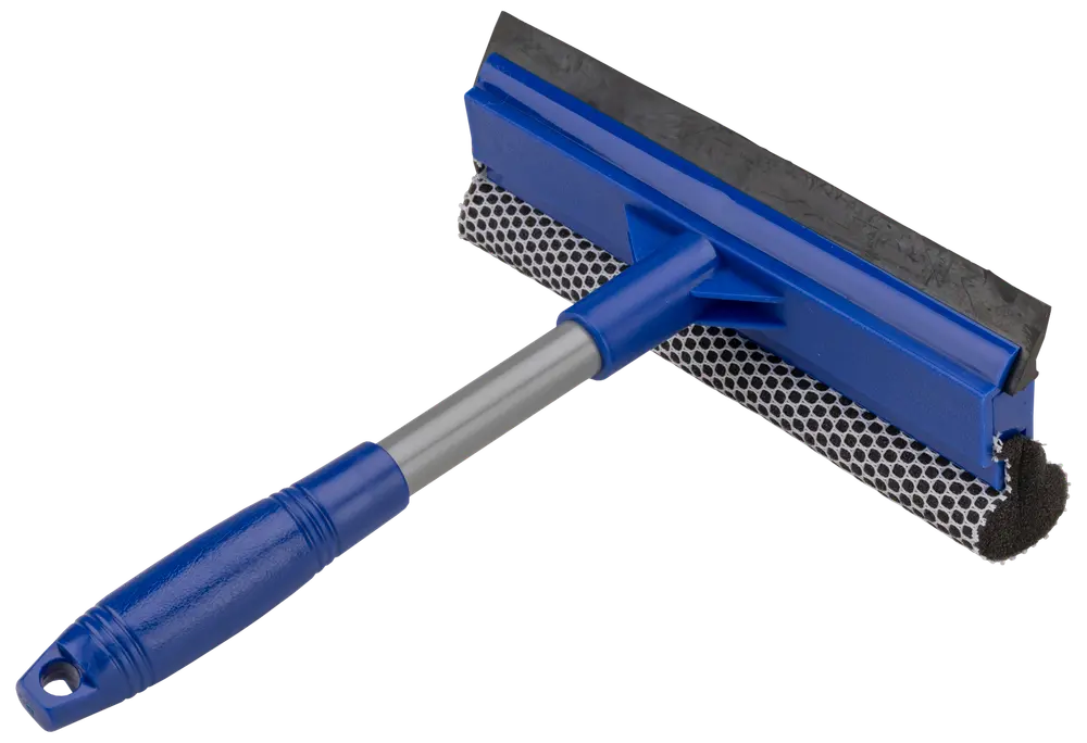 Blå og sølv vinduesskraber med gummiblad og net-svamp, designet til rengøring af glasflader. Har et komfortabelt plastikhåndtag med ophængningshul til nem opbevaring.