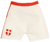 Hvide sportsshorts med rød elastiklinning, rød sidetrem og lille rød logo på venstre ben.