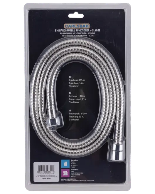 Fleksibel metalslange til bruser, 1,5 meter lang, med standard gevindkoblinger i begge ender. Passer til håndbrusere, holdbar og nem at montere. Leveres i klar plastemballage.