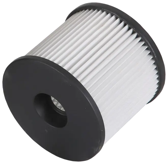Cylindriskt veckat luftfilter med svarta gummilock och centralt hål, avsett för dammsugare eller luftrenare, ger effektiv filtrering av damm och partiklar.