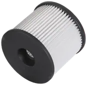 Cylindrisk plisseret luftfilter med sorte gummikapper og centralt hul, designet til støvsugere eller luftrensere, sikrer effektiv filtrering af støv og partikler.