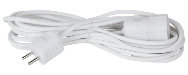Hvid forlængerledning med topstik og stikdåse, cirka 2 meter lang. Velegnet til indendørs brug for at forlænge rækkevidden af elektriske apparater. Fleksibel og holdbar isolering.