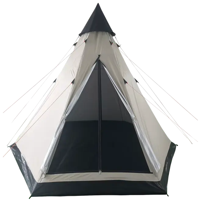 Beige og sort pyramideformet telt med lynlåsåbning foran, netdør og forstærkede hjørner. Ideelt til camping, rummeligt indvendigt og vejrbeskyttelse. Pløkker og barduner medfølger.